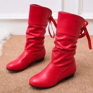 low-heel round toe lace-back thermal boots